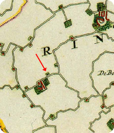 fragment kaart Visscher-Roman 1655 met aangifte van hofstede Buytenhof aan de Dishoekseweg te Koudekerke