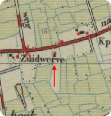 fragment topografische kaart 1949, met aangifte van boerderij Moens aan de Middelburgsestraat te Koudekerke