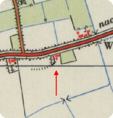 fragment topografische kaart 1962, met aangifte van boerderij Moens aan de Middelburgsestraat te Koudekerke