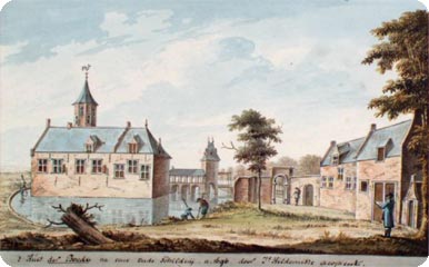 gravure van voorzijde der Boede te Koudekerke anno 1696
