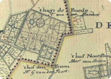 fragment kaart Hattinga 1750, met aangifte van buitenplaats De Triton te Koudekerke