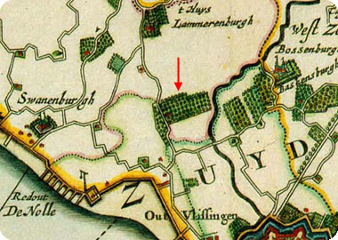 fragment kaart Visscher-Roman 1655, met aangifte van buitenplaats Grooten Boogaard te Koudekerke