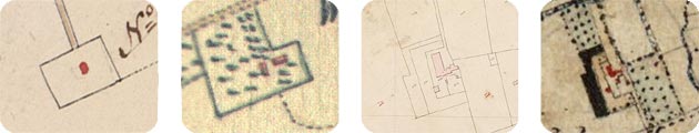boerderij Johannahoeve op vier kaartframenten uit 1641, 1750, 1881-1832 en 1857