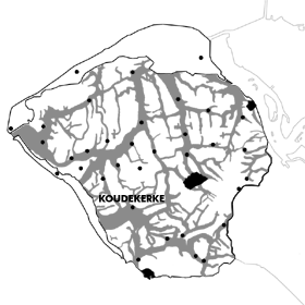 recontsructie krekenstelsel Walcheren, nabij Koudekerke met aangifte van de dorpen op Walcheren