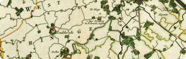 fragment van kaart Roman-Visscher 1655, met aangifte van boerderij Verhage aan de Biggekerksestraat te Koudekerke