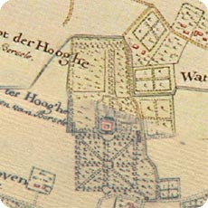 reconstructie van twee kaartfragmenten van hattinga uit 1750 met kasteel Ter Hooge te Koudekerke