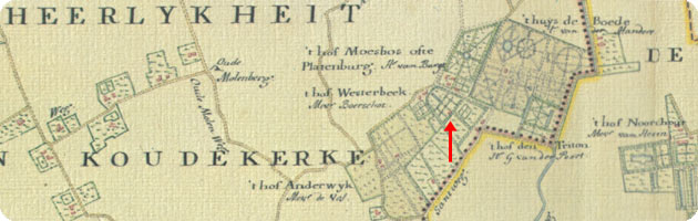 fragment kaart Hattinga 1750, met aangifte van buitenplaats Westerbeek te Koudekerke