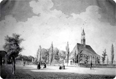 Aquarel van de kerk te Koudekerke omstreeks 1857 door J. Worrel