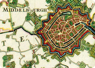 Fragment 't Zand op kaart Roman-Visscher uit 1655
