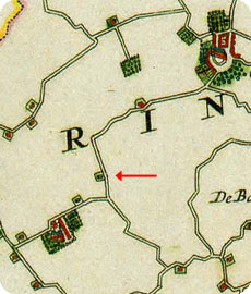 fragment kaart Visscher-Roman 1655, met aangifte van boerderij Zuiderhoeve aan de Dishoekseweg te Koudekerke
